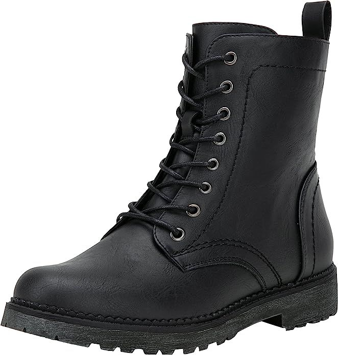 Vepose Women's 25 Combat Ankle Boots Lace up Inner Zipper Mid Calf Booties for Lady | Amazon (US)