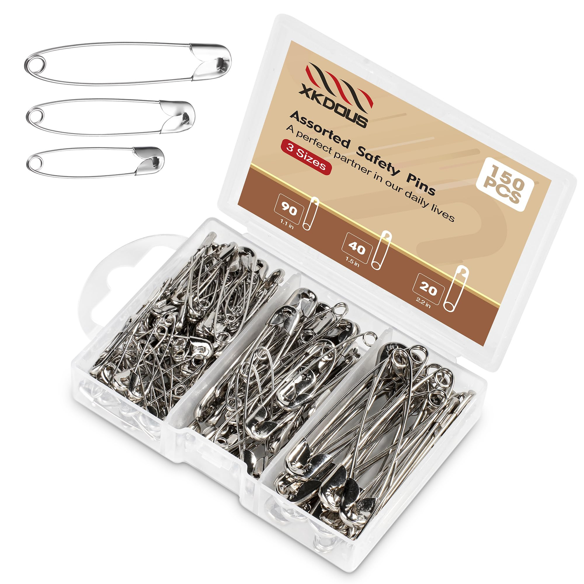 XKDOUS Safety Pins - 150 Pcs Assorted Sizes Silver Pins Bulk - Small & Large Heavy Duty for Cloth... | Amazon (US)