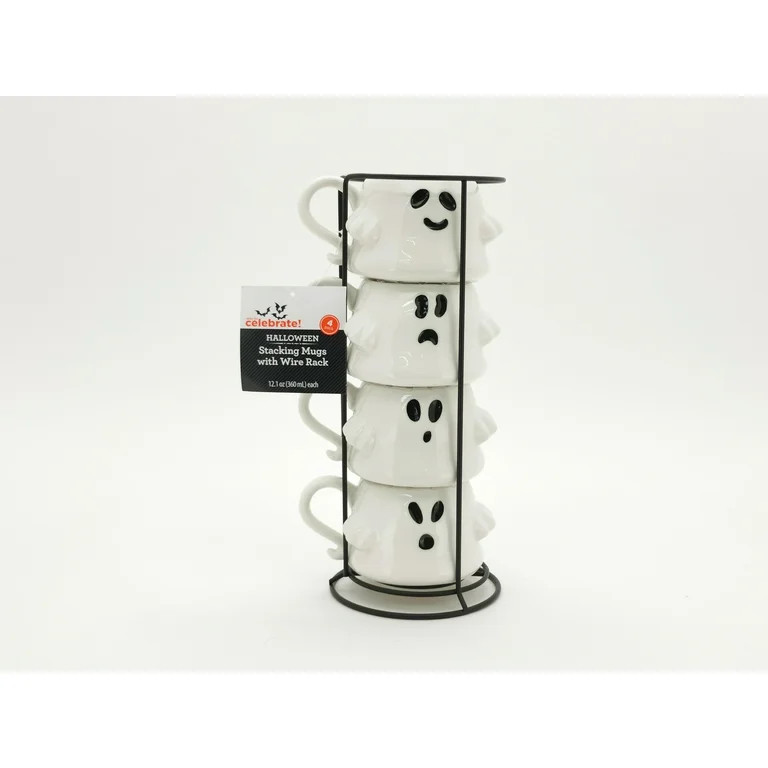 Way to Celebrate! Ghost Mug Stack, 12 fl oz Stoneware, Black and White - Walmart.com | Walmart (US)