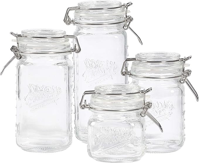 Mason Craft & More Airtight Kitchen Food Storage Clear Glass Clamp Jars, 4 Piece Mini Clamp Prese... | Amazon (US)