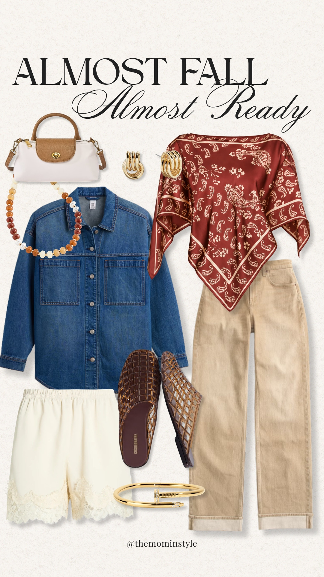 Starting to bring a little fall color into my wardrobe with denim, chocolate brown, rich burgundy, and warm neutrals while still keeping things light enough for the end of summer. A denim shirt, paisley scarf, woven flats, and cream shorts are an easy way to ease into the new season.

fall fashion, transitional outfits, early fall style, denim shirt, brown flats, paisley scarf, neutral outfit, themominstyle

#LTKootd #LTKSeasonal #LTKOver40