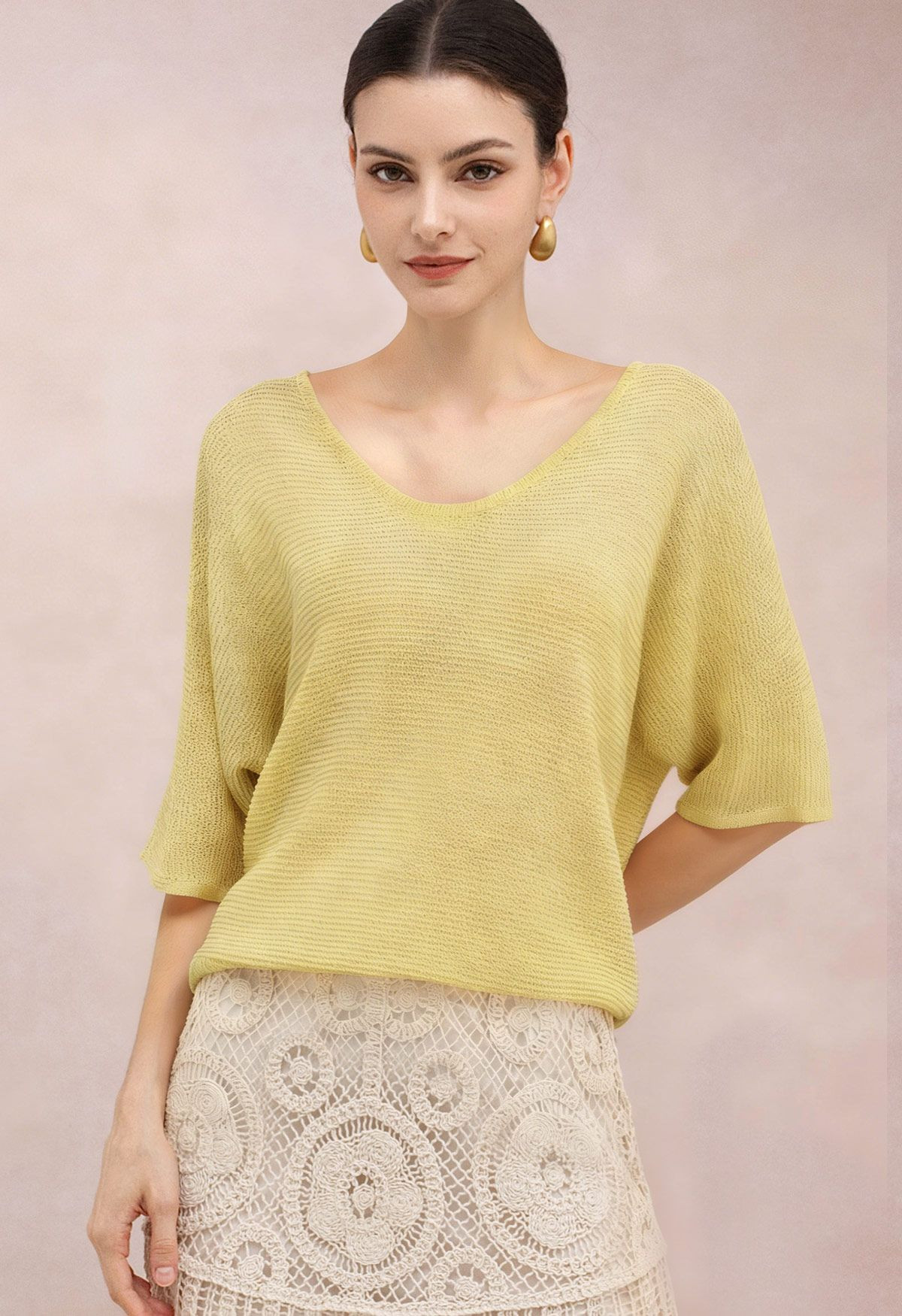 Relaxed V-Neck Cutout Back Textured Knit Top in Lime for Daily Wear & Getaways | Chicwish