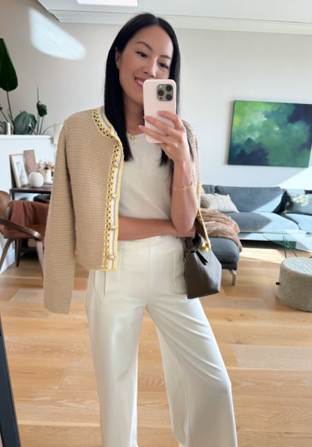 White and beige with a splash of spring yellow! Crochet Trim Jacket on sale now under $100!

#monochromaticoutfit
#classicstyle
#cardigan
#AnnTaylor
#whitetrousers

#LTKSeasonal #LTKstyletip #LTKworkwear