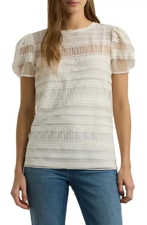 Lauren Ralph Lauren Lace Trim Mesh Puff Sleeve Blouse in Mascarpone Cream at Nordstrom, Size Medium | Nordstrom