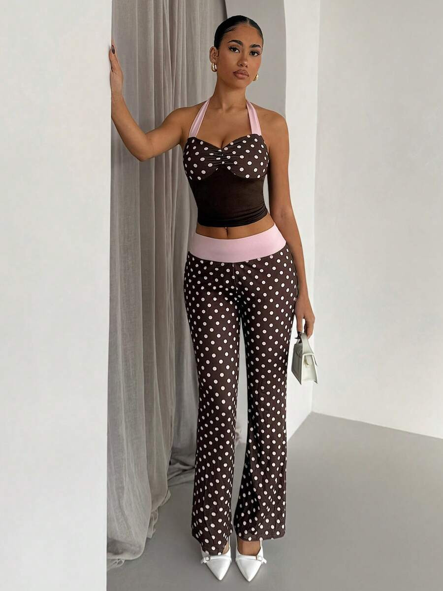 SHEIN Glamour Women's 2 Piece Sets Brown And White Polka Dot,Summer 90s Retro Vacation Backless S... | SHEIN