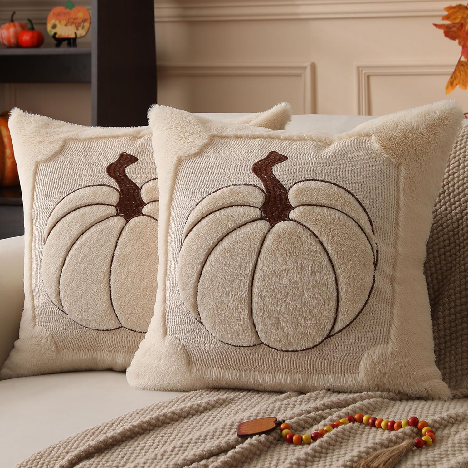 Fall Pillow Covers 18x18 2 Pack Beige Pumpkin Home Decor PT010A18 | Amazon (US)