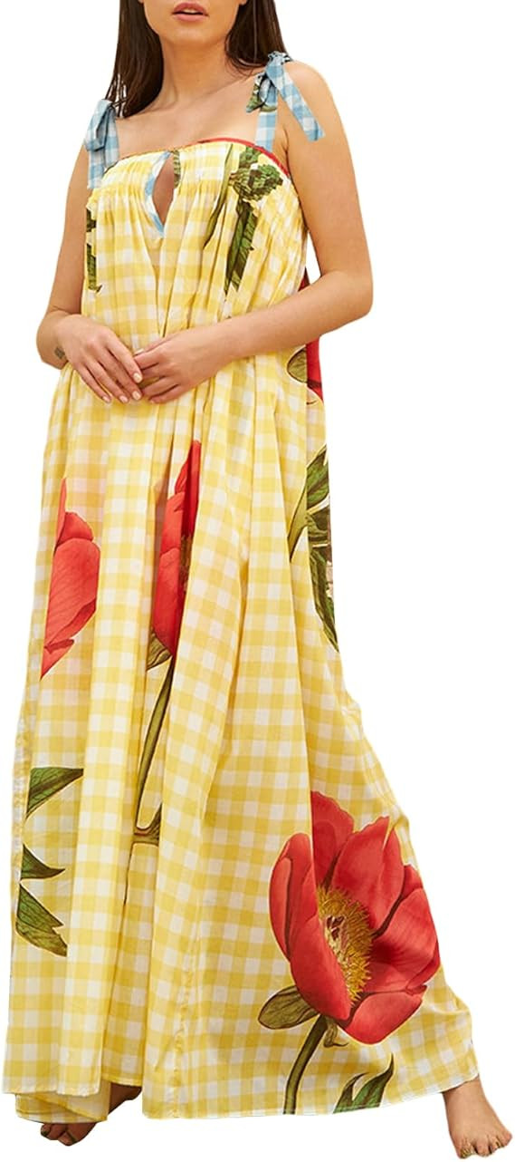 Women Boho Floral Plaid Maxi Dresses Sleeveless Tie Up Straps Gingham Long Dress Summer Beach Voc... | Amazon (US)