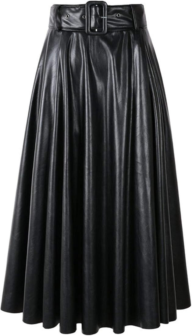 LJUIIODF Women Autumn Winter PU Pleated Faux Leather Skirts Lady High Waist A-Line Wine Red Long ... | Amazon (US)