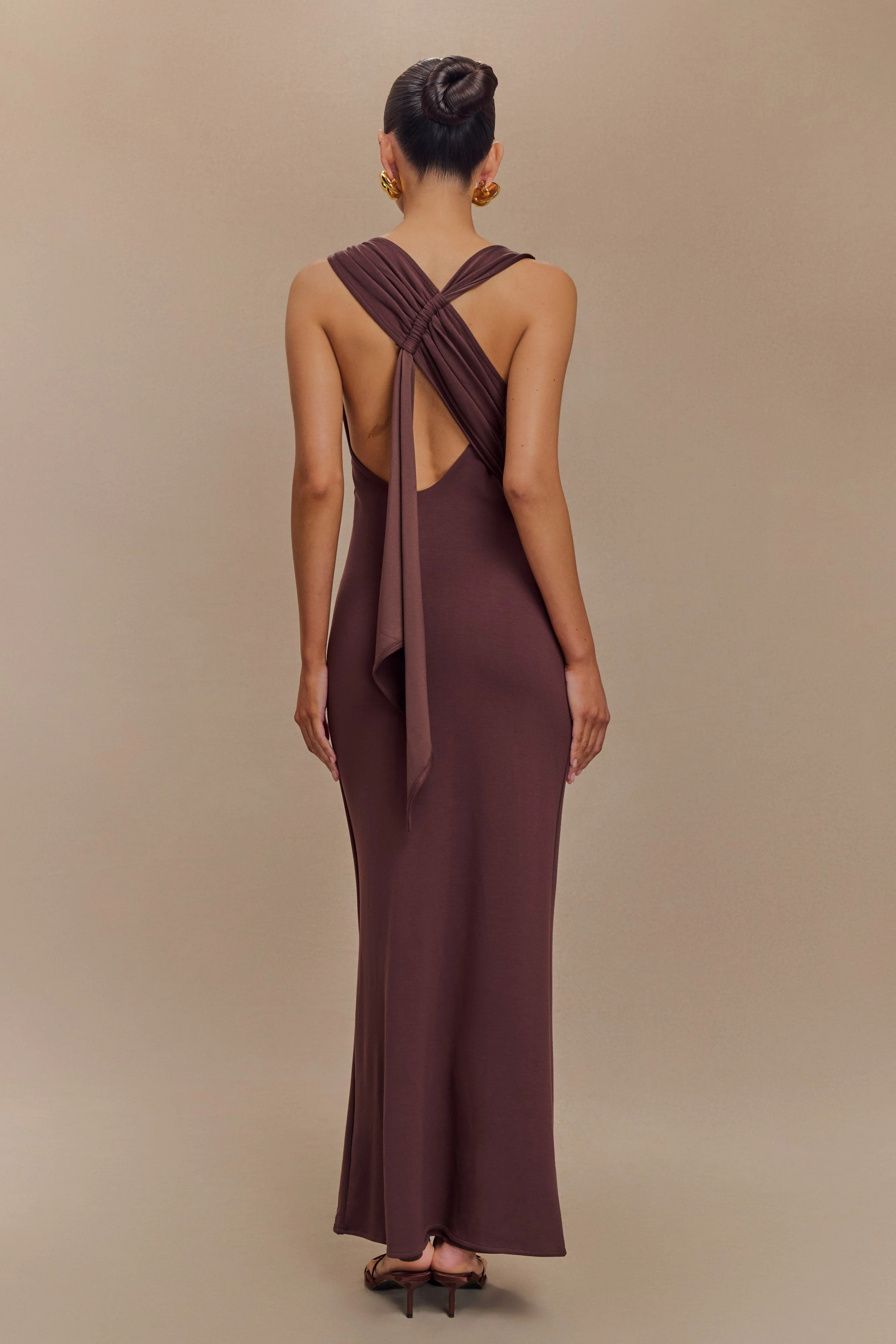 Catelyn Asymmetrical Scuba Jersey Midi Dress - Cacao Brown | MESHKI US