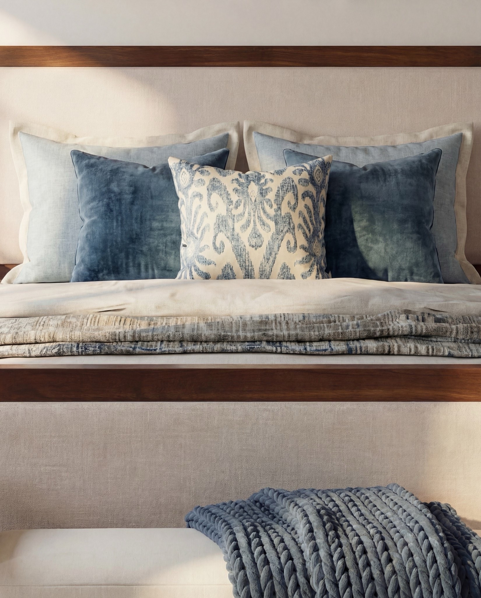 Bedroom Refresh : Shop The Look.
• Warm wood platform bed with upholstered headboard
• White bedding with layered neutral + blue pillows
• Chunky knit blue throw blanket
• Upholstered bench at the foot of the bed
• Matching warm-wood nightstands
• Blue décor bowls (nightstand styling)
• Bead décor strand
• Floral framed artwork pair above nightstands
• Blue ceramic table lamps
• Neutral patterned area rug
• Floral ceiling wallpaper (blue + white palette)

#LTKHome #LTKSaleAlert