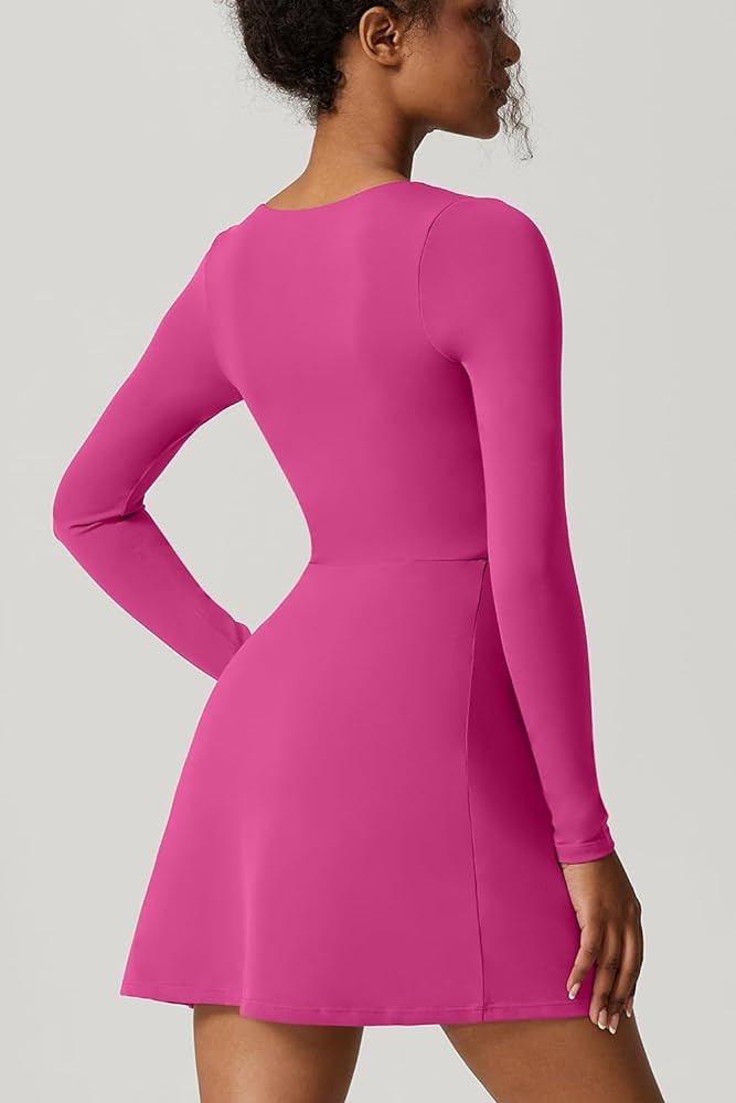 QINSEN Womens Square Neck Bodice Dress Long Sleeve Side Slit Flare Mini Dresses | Amazon (US)