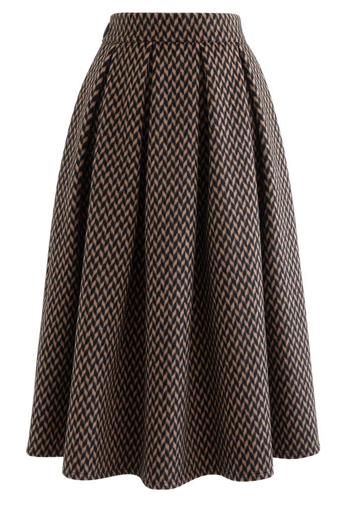Diamond Print Wool-Blend Pleated Midi Skirt | Chicwish