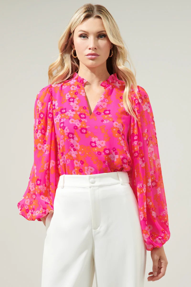 Poppy Punch Hathaway Split Neck Long Sleeve Blouse | Sugarlips