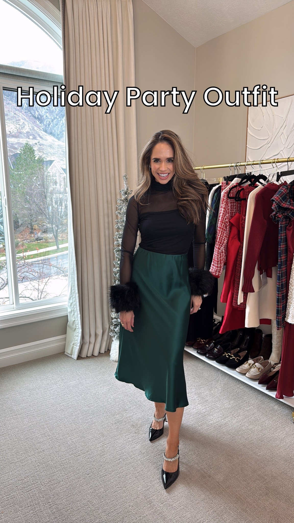 How gorgeous is this emerald green satin skirt!?Paired it with this long sleeve top with sheer sleeves. Also added the fur cuffs to add a little pop to the whole outfit. 💃🏻 

And can we talk about how designer these shoes look!? Black patent with crystals…Just wow!! 🤩 

Wearing size small in everything 💗

Christmas party outfit, office party, holiday party outfit inspo

#holidaydressinspo #holidayoutfit #satinskirt #christmasdress #festivefashion 

#LTKWorkwear #LTKHoliday #LTKootd