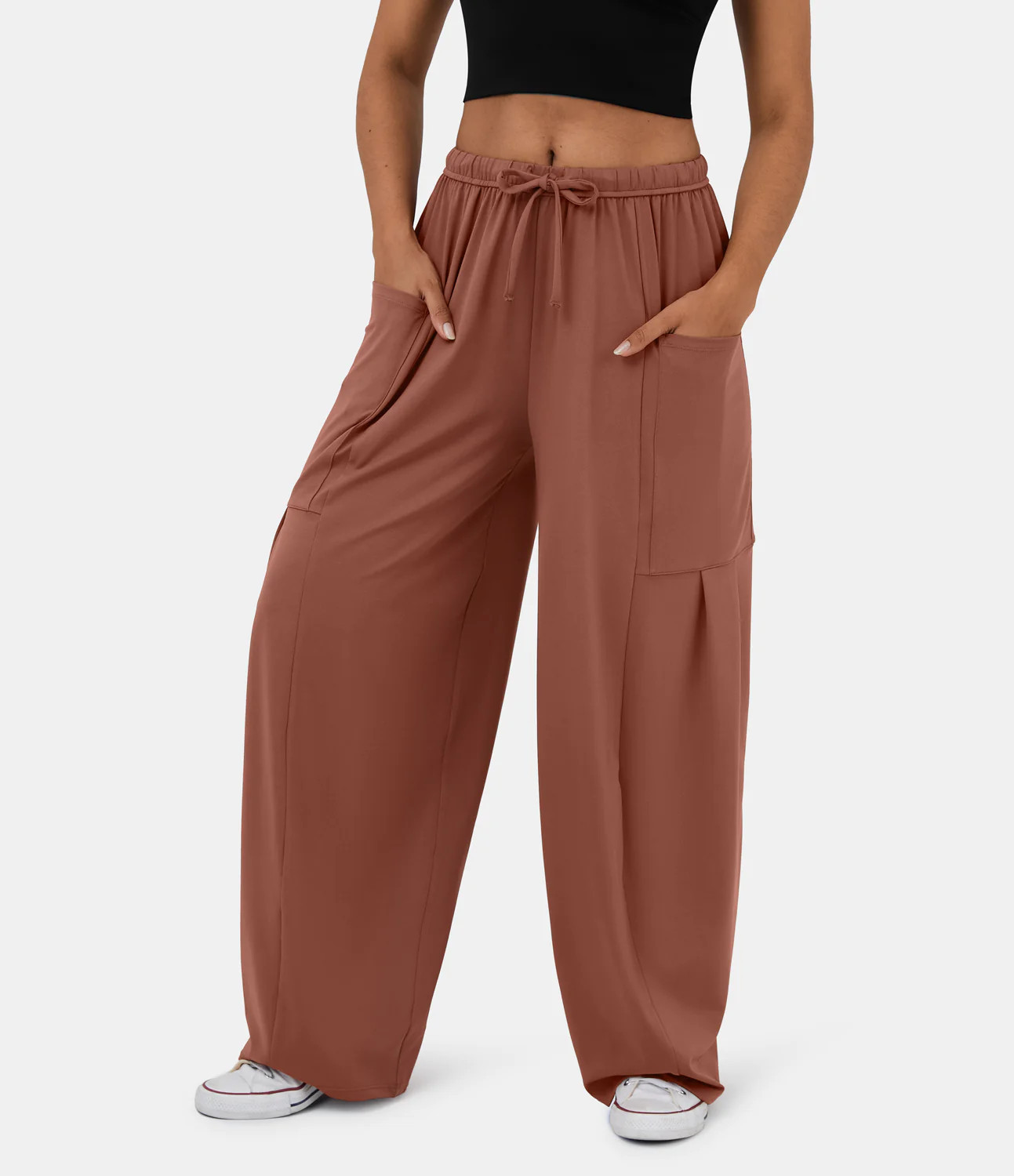 Halara Mid Rise Elastic Waistband Drawstring Side Pocket Palazzo Flowy Wide Leg Casual Pants - Maple | HALARA