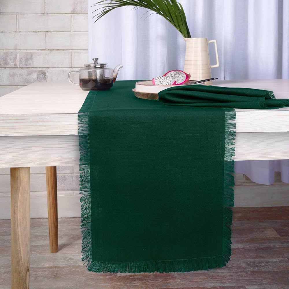 D'Moksha Homes Fringe Eden Green Table Runner 14 x 72 Inch - Faux Linen Table Runner - Wrinkle Re... | Amazon (US)