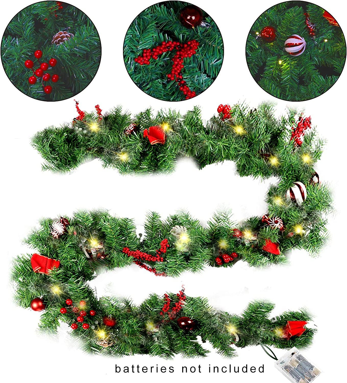 MorTime 9 FT LED Christmas Garland with Pinecones Red Berries Bows Christmas Balls Candies, Multi... | Amazon (US)