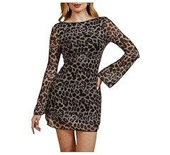 MakeMeChic Women's Leopard Print Dress Y2k Backless Mesh Bell Sleeve Mini Cheetah Print Dress | Amazon (US)