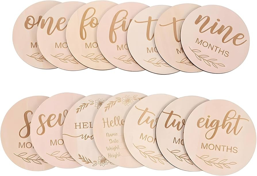 Monthly Milestone Cards, 14 Pcs Wooden Double-Sided Milestone Cards, 10cm Round Wooden Discs for ... | Amazon (UK)