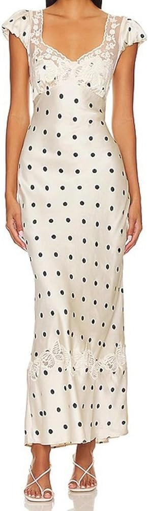 Satin Maxi Dress Lace Dress Polka Dot Dress for Women Romantic Maxi Dress Lace Pathwork Backless ... | Amazon (US)