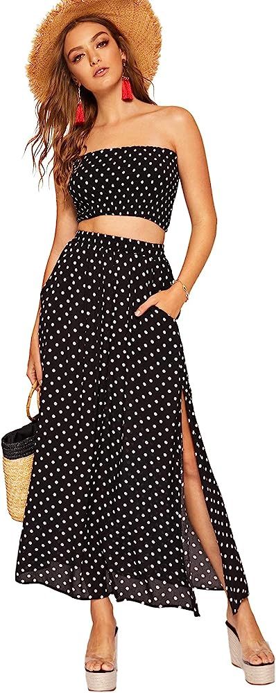 Floerns Women's Summer Printed 2 Piece Outfit Crop Tube Tops and Split Long Skirt Set | Amazon (US)