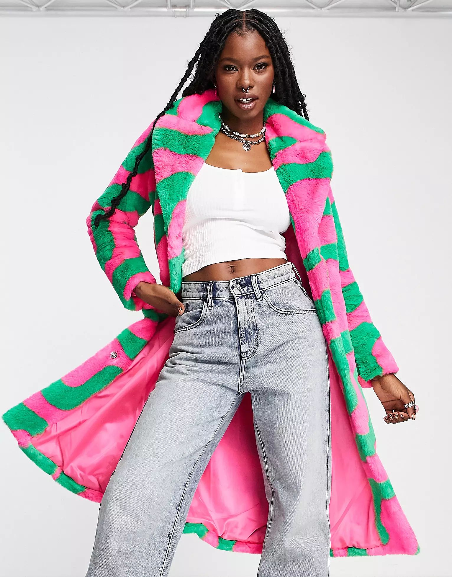 Girlfriend Material faux fur wave print longline coat in pink and green | ASOS (Global)