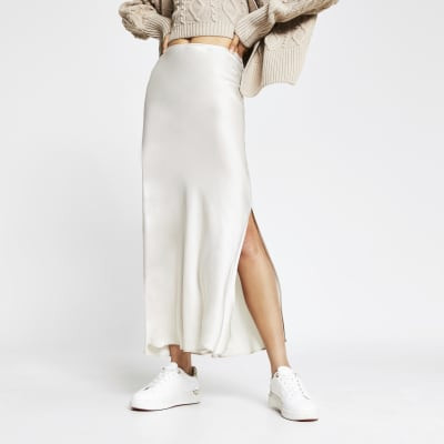 Cream side split satin skirt | River Island (UK & IE)