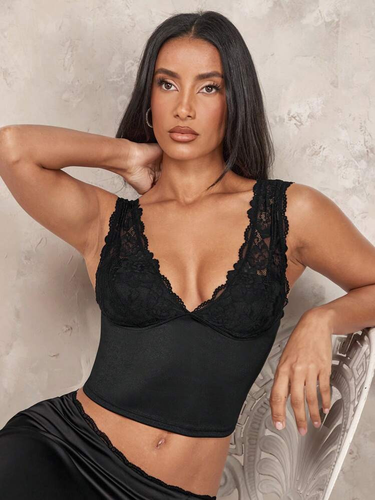 SHEIN BAE Glamorous New Years Eve Outfit- High Stretch Knitted Lace Spliced Women's Camisole Top | SHEIN