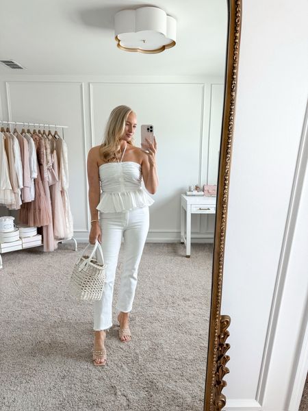 Love this all white monochromatic look for a date night or girls night out! Wearing size medium in the top and size 28 in the jeans. Perfect spring wear outfit! 

#LTKstyletip #LTKSeasonal