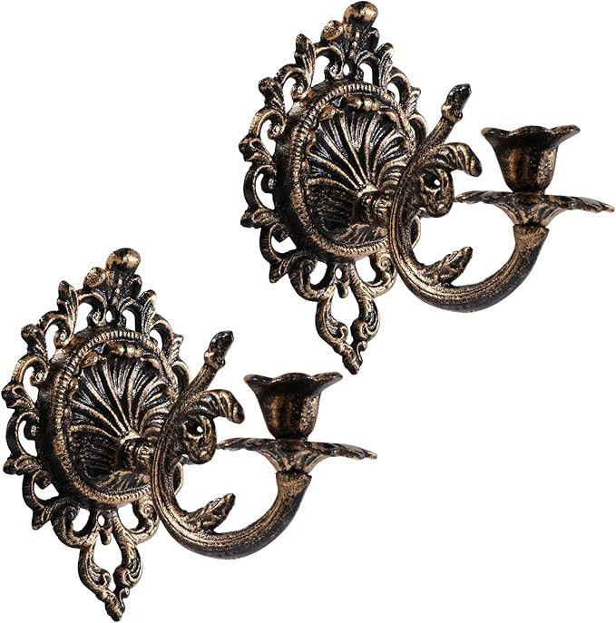 Polifish Antique Gold Wall Candle Holder Set of 2, Vintage Taper Candle Wall Sconce, Cast Iron Ca... | Amazon (US)