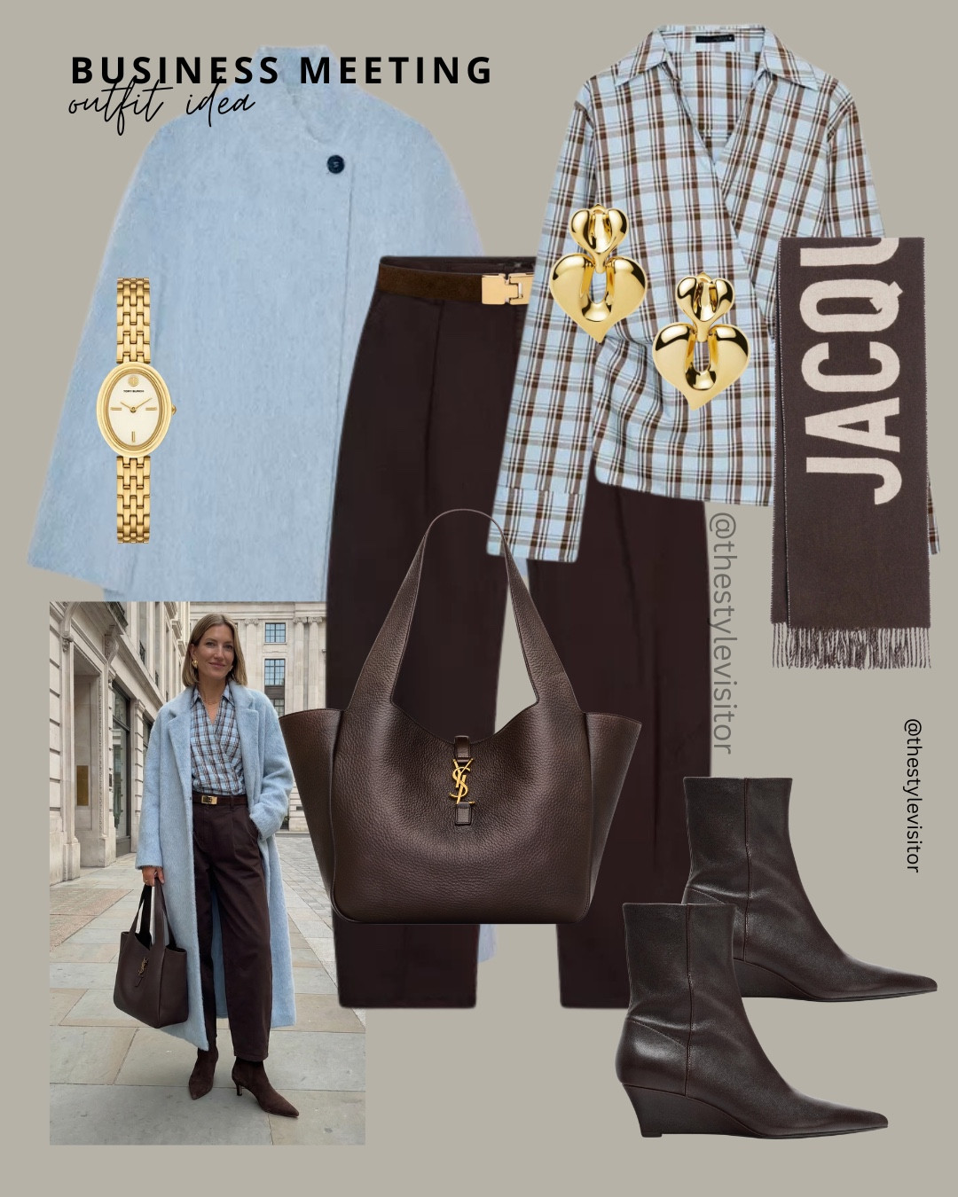 Professional with a soft edge 🤍 this business-ready look combines tailored trousers with a checked blouse and a light blue coat for a modern, confident feel.  💼✨

Like this post to save it to your favourite folder and come back later to shop.

business outfit, workwear style, tailored trousers, brown trousers, checked blouse, plaid shirt, light blue coat, wool coat, leather tote bag, ankle boots, brown boots, gold earrings, gold watch, office outfit, meeting look, professional style, smart casual outfit, neutral workwear, classic fashion, elevated ba

#LTKWorkwear #LTKSeasonal #LTKootd