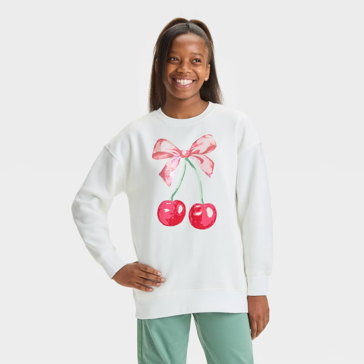 Girls' Pullover Fleece Cherry Bow Crewneck Sweatshirt - art class™ White | Target