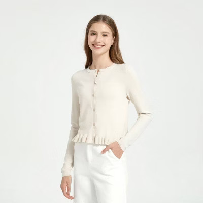 Women's Long Sleeve Crewneck Ruffle Hem Cardigan - A New Day™ Ivory L | Target