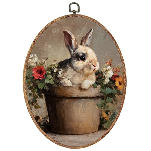 NATSUNO Vintage Easter Bunny Oval Wall Art Decor, Rustic Spring Floral Rabbit Framed Canvas Prints Hanging Wall Decor for Farmhouse Home Bedroom Living Room, 8.7 x 11.4 Inch | Amazon (US)