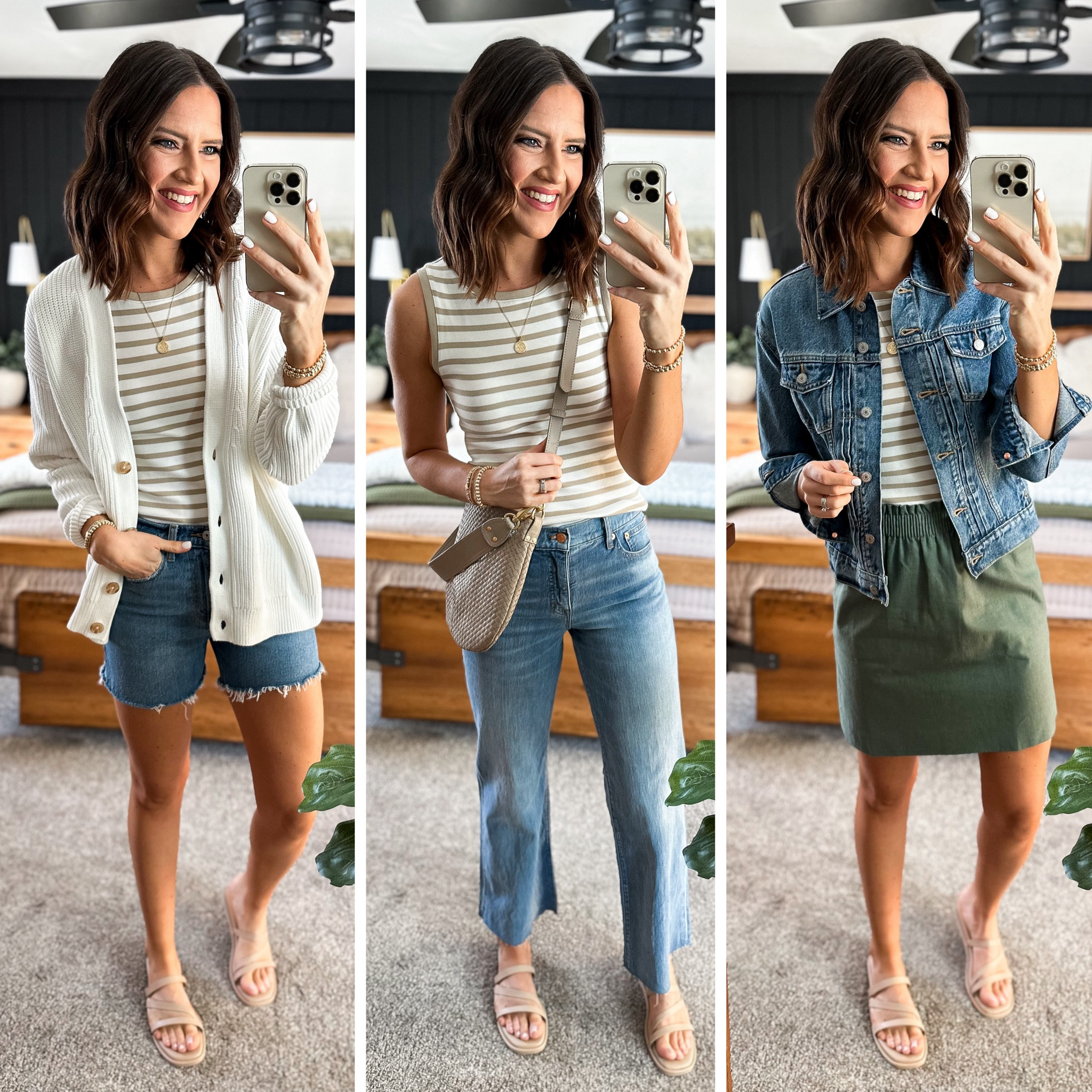 Spring Capsule Wardrobe (Stripe Tank Styling) 

Stripe tank (small) 
Denim shorts (size 26)
Cardigan (medium)
Light wash jeans (26 long)
Green skirt (size 2) 
Denim jacket (small)


#LTKstyletip #LTKfindsunder100 #LTKfindsunder50