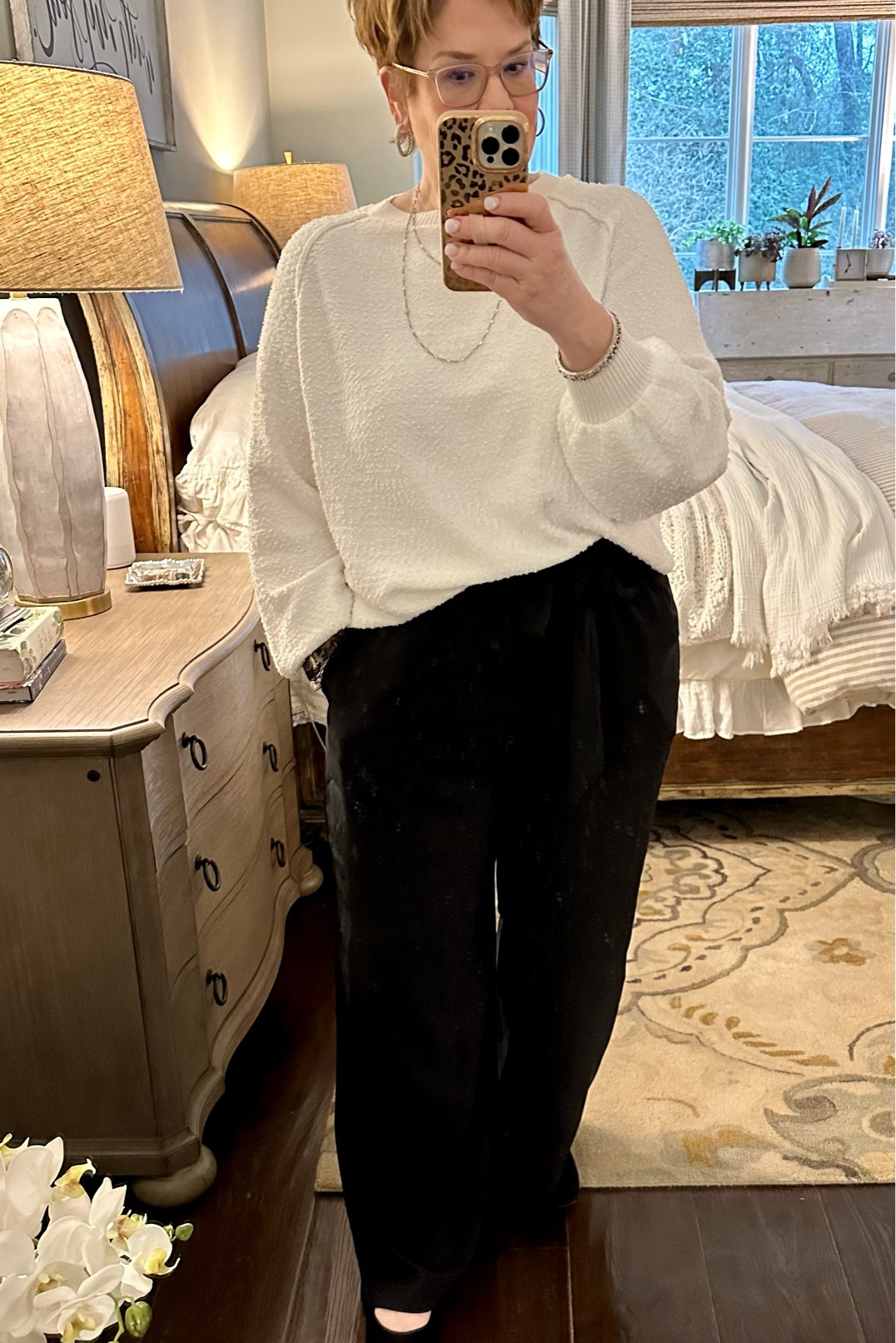 These are my very favorite amazon dress slacks. TTS and very flattering.  Lots of colors.  And such a good sweater.  I love the bell sleeves and I dressed it up with pretty jewelry.

#LTKfit #LTKstyletip #LTKcurves