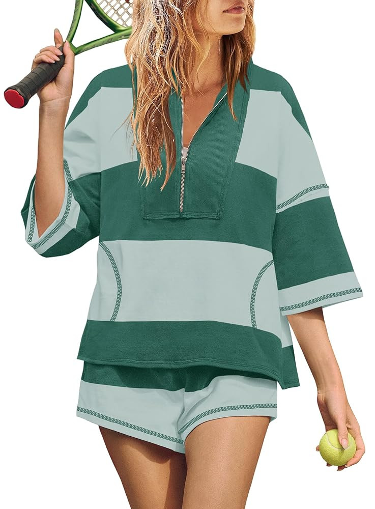 Yanekop Womens 2 Piece Outfits Summer Striped Workout Set Two Piece Matching Lounge Sets Half Sle... | Amazon (US)