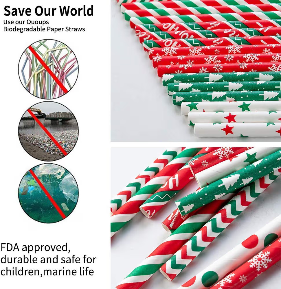 Biodegradable Paper Straws - 100-Pack, 7.75 Inches, Stripe, Red, Green, Dot, Bulk, Snow, Christma... | Amazon (US)