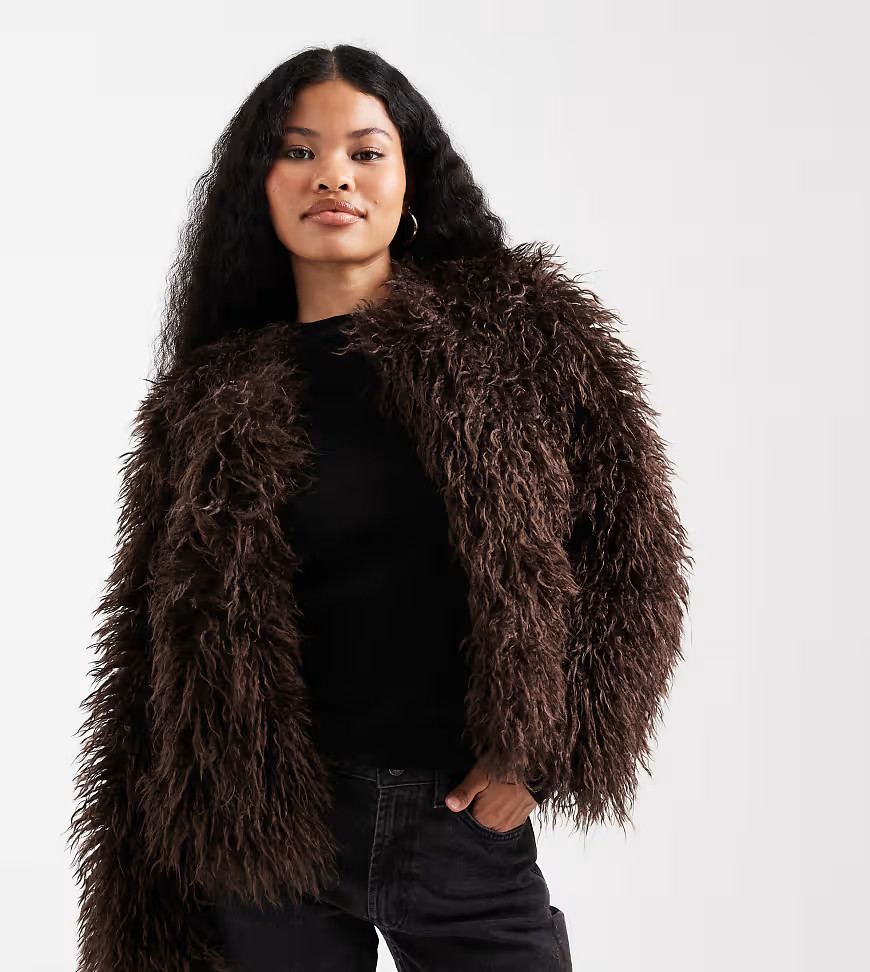 New Look Petite shaggy faux fur jacket in brown | ASOS (Global)