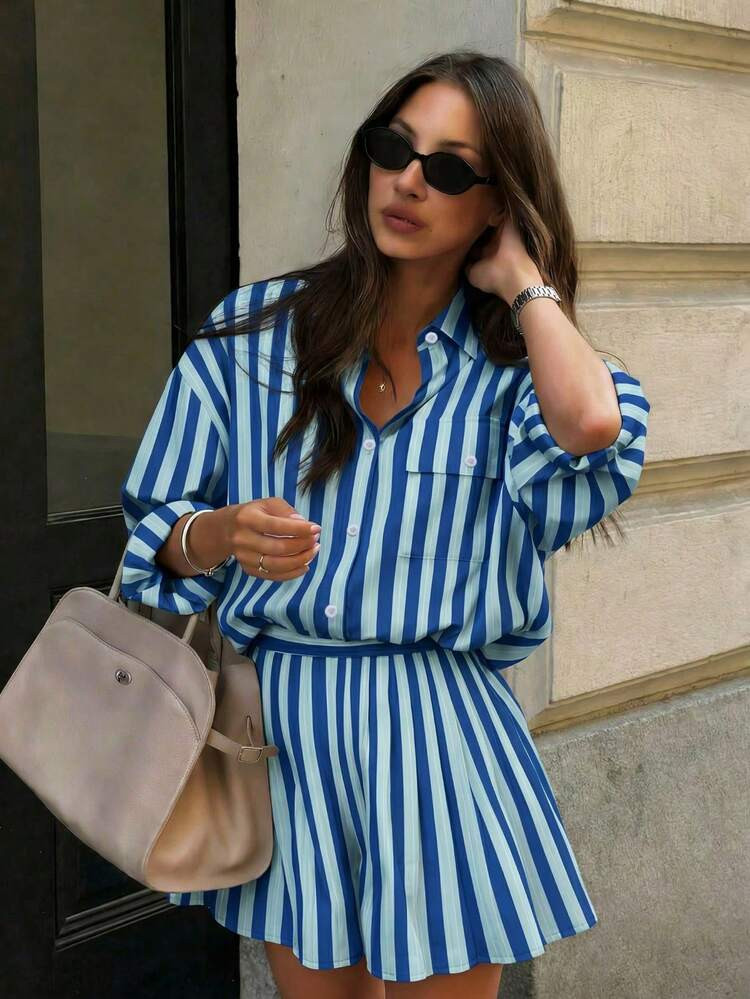 2pcs Women's Set: Spring/Summer/Autumn Multi-Functional Casual Pleated High-Waist Shorts + Striped Long Sleeve Shirt, New Arrival Fresh Striped Outfit, Suitable For Work, Hangout With Friends, Leisure Travel, Campus Style, Striped Casual Elegant Shirt With Front Button Closure And Pockets, And Shorts Set | SHEIN