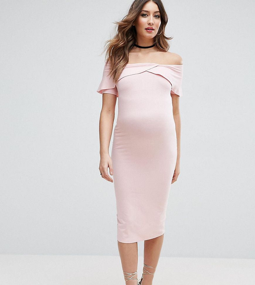 ASOS Maternity Cross Front Lip Bardot Midi Dress - Pink | ASOS US