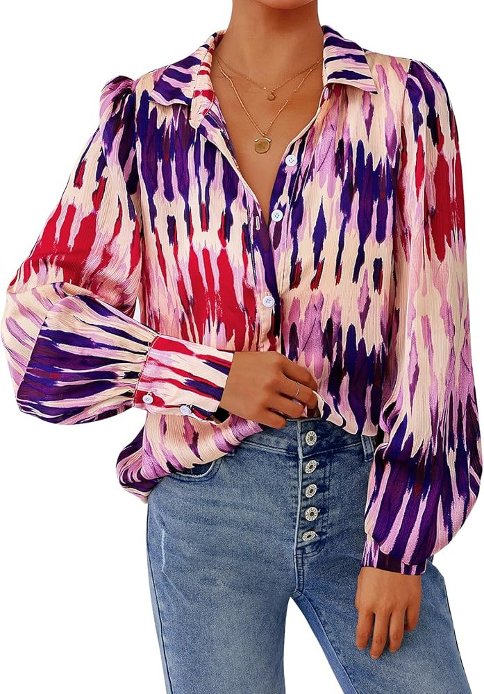 PRETTYGARDEN Women's Floral Blouses Dressy Casual V Neck Button Down Shirts Lantern Long Sleeve B... | Amazon (US)