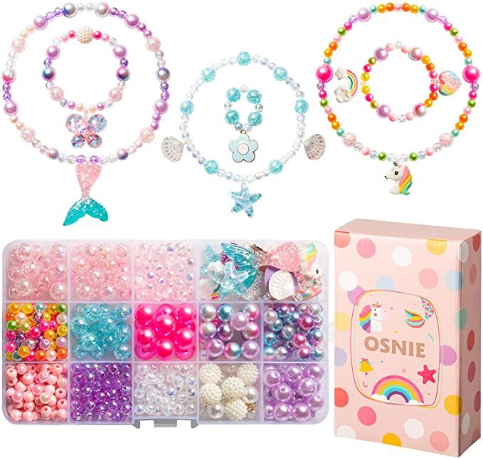 OSNIE DIY Bead Jewelry Making Kit for Kids Girls with Mermaid Starfish Shell Unicorn Rainbow Butt... | Amazon (US)
