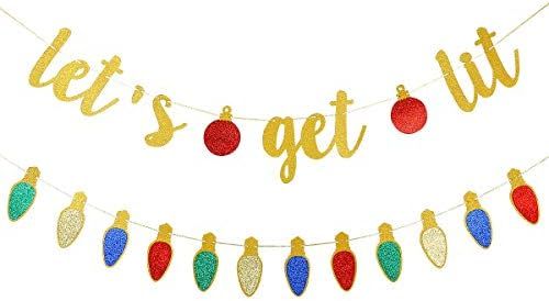 Gold Glittery Let's Get Lit Banner and Glittery Christmas Garland Decor- Christmas Holiday Party ... | Amazon (US)