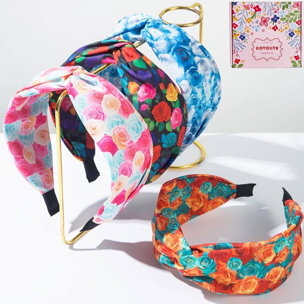 4 Pack Rose Printed Headbands Fashion Wide Knotted Headband for Women Girls Cross Knot Flower Pri... | Amazon (US)