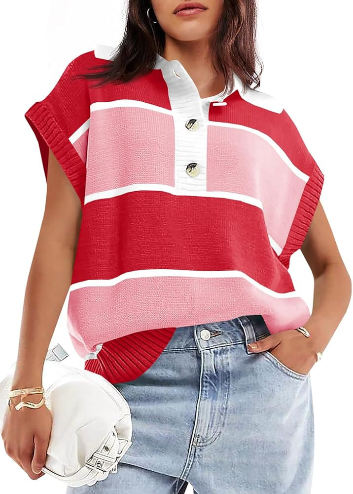 Saodimallsu Women's V Neck Button Down Striped Short Sleeve Knit Sweater | Amazon (US)
