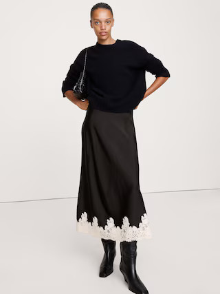 Stretch-Satin Lace-Hem Midi Skirt | Banana Republic (US)