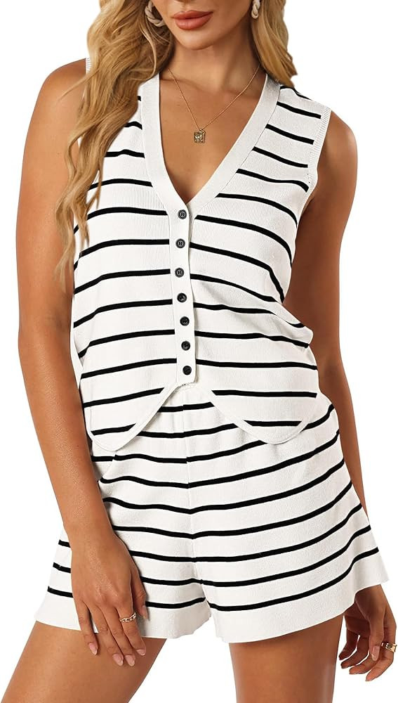 ECOWISH Women Two Piece Outfits: Summer Knit Striped Lounge Matching Set Sleeveless Button Down T... | Amazon (US)