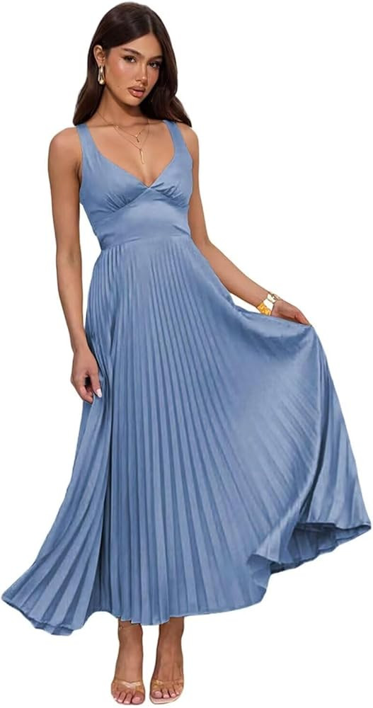 Satin Bridesmaid Dresses for Women Pleated Maxi Formal Evening Party Gown | Amazon (US)