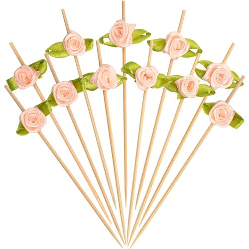 Minisland Pink Rose Flower Cocktail Picks, 4.7 Inch Long Bamboo Fancy Toothpicks for Appetizers, Decorative Bridal Shower Wedding Valentines Party Food Drinks Fruit Skewer Sticks 100 Counts - MSL222 | Amazon (US)